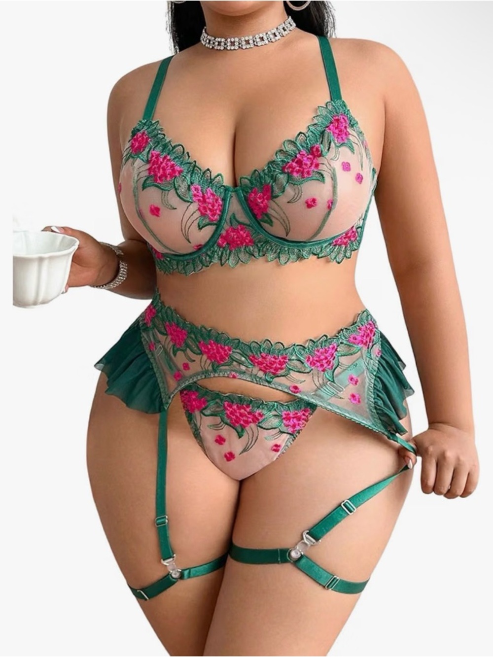 OYOANGLE Women's Plus Size 3 Piece Lingerie Set Floral Embroidery Underwear